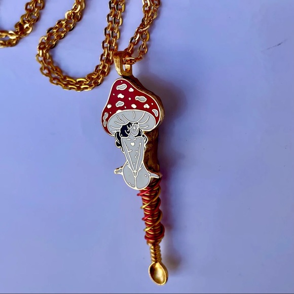 Spoon Necklace Handmade Rave Festival Party Snuff Tiny Small Mushroom Lady EDC - Picture 2 of 2